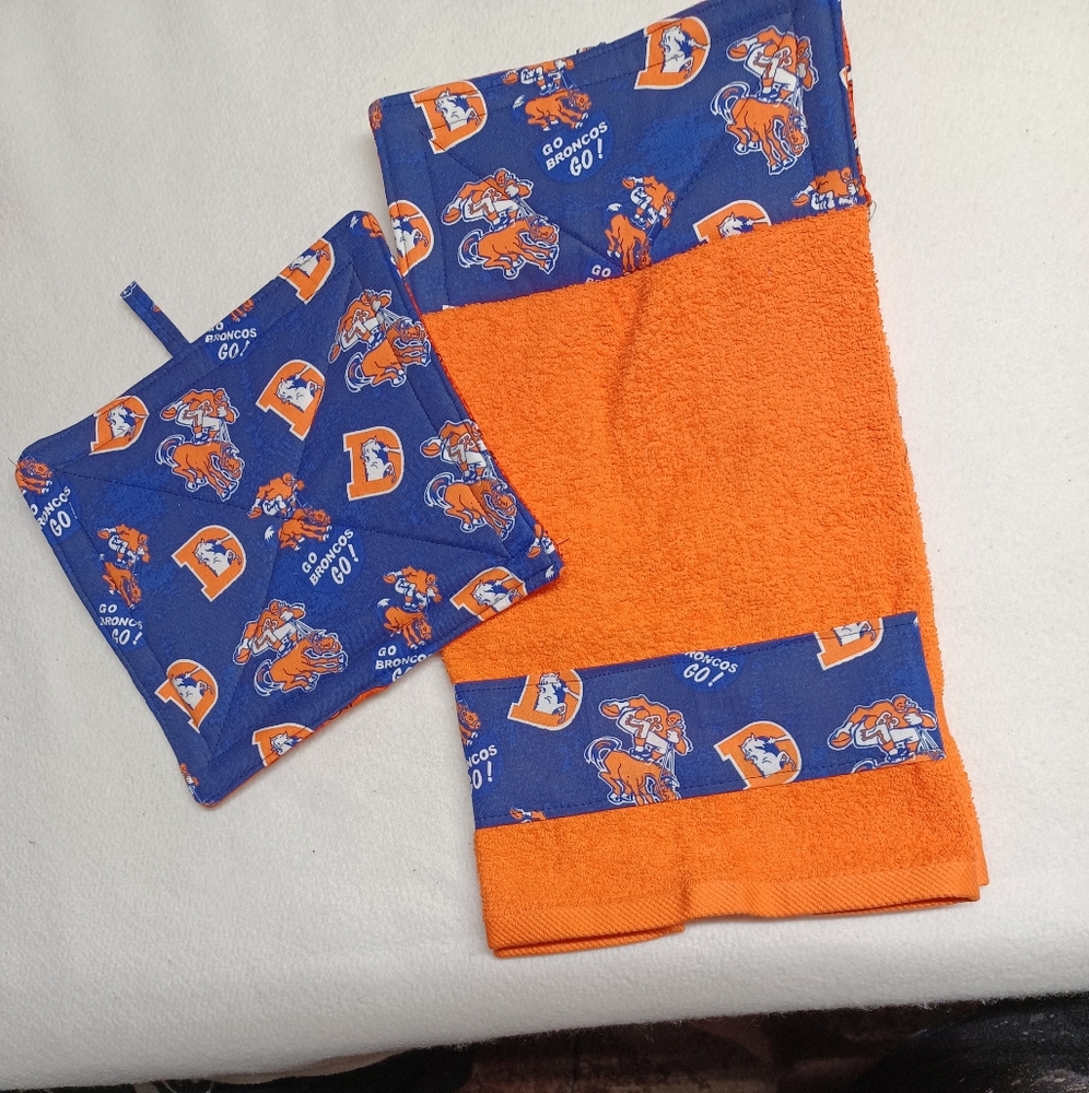 Blue and Orange Denver Broncos hanging kitchen Towel,  potholder Set  button on
